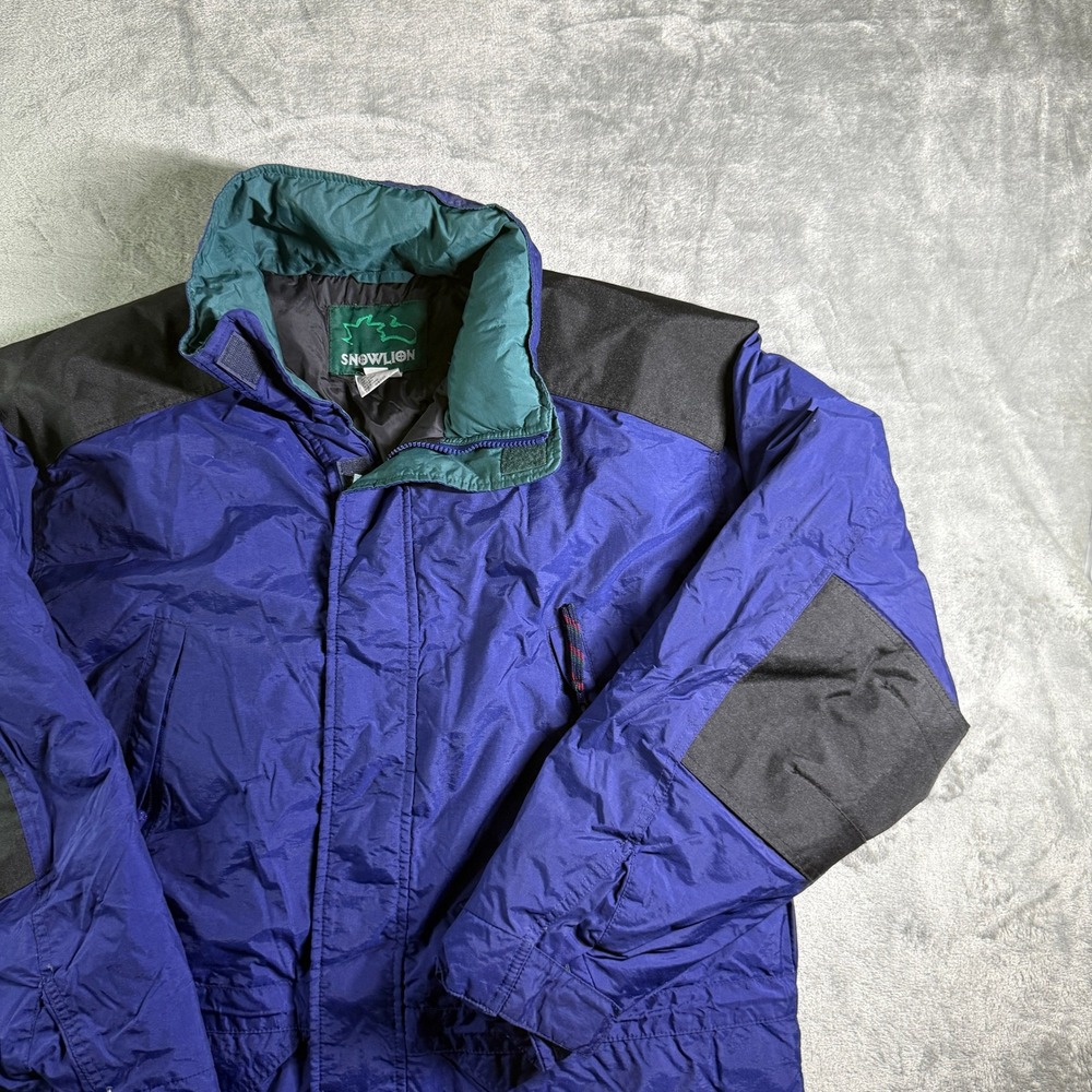 VTG Snowlion Goose Down Puffer Jacket Winter Coat Insulated Blue Black Large